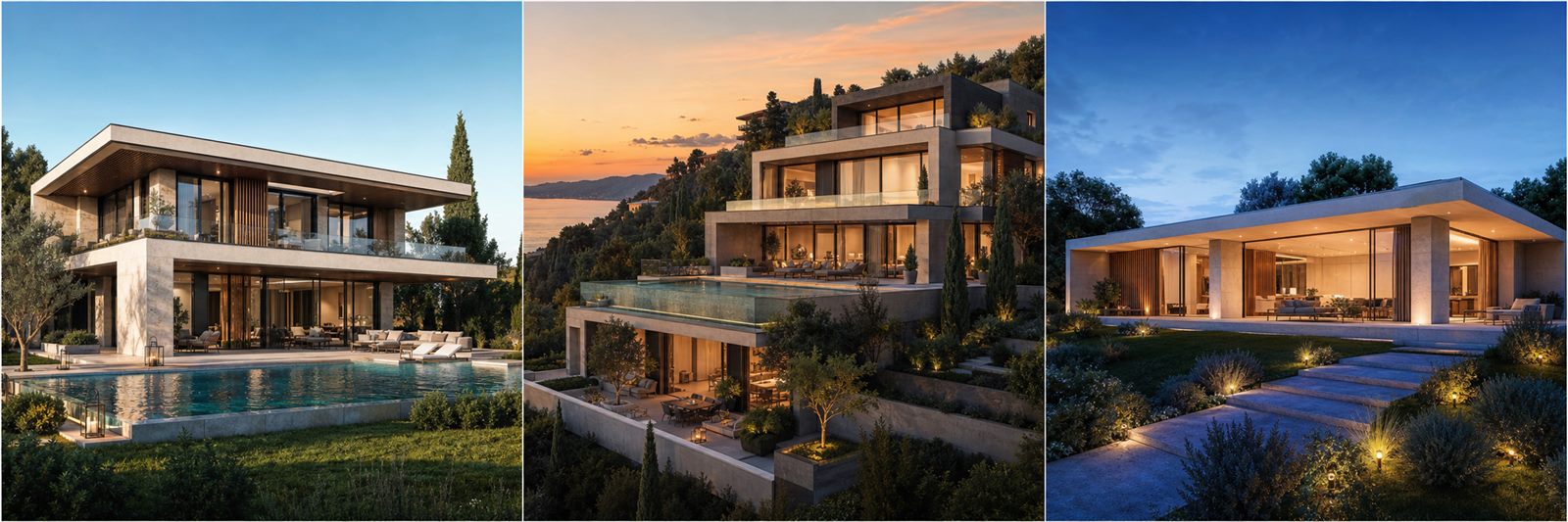 Müstakil Ev ve Villa için üç örnek 3D konsept render